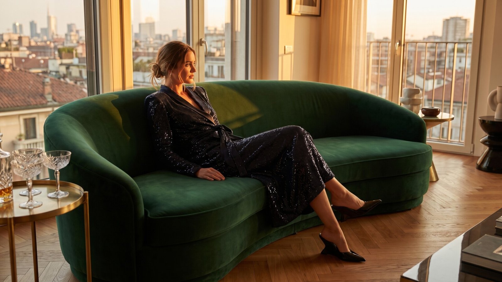 Woman wearing a shimmering sequined robe dress on a green velvet sofa in a sunlit Milan penthouse