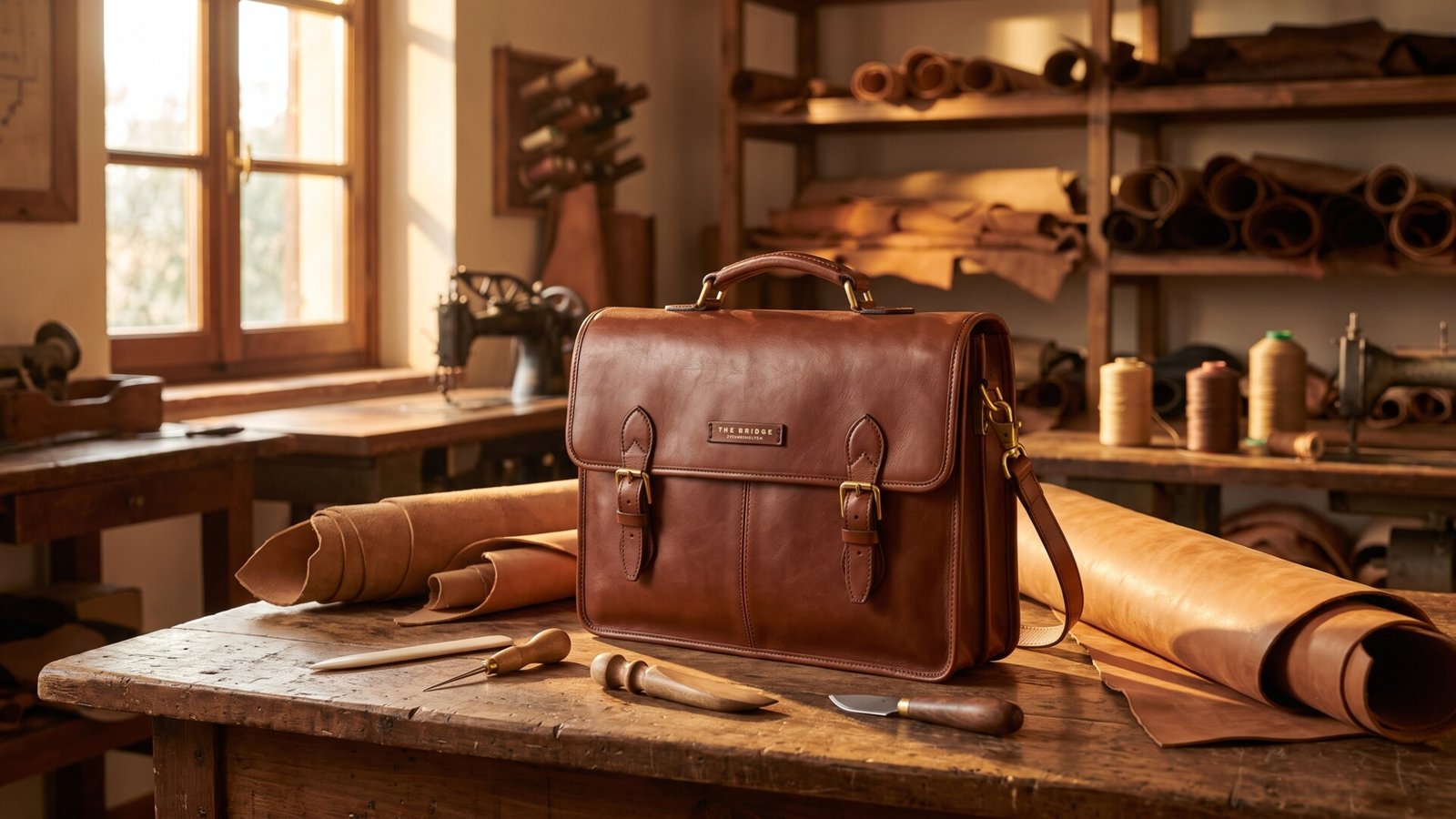 Brown leather The Bridge briefcase on a rustic workshop bench alongside leather rolls and crafting tools