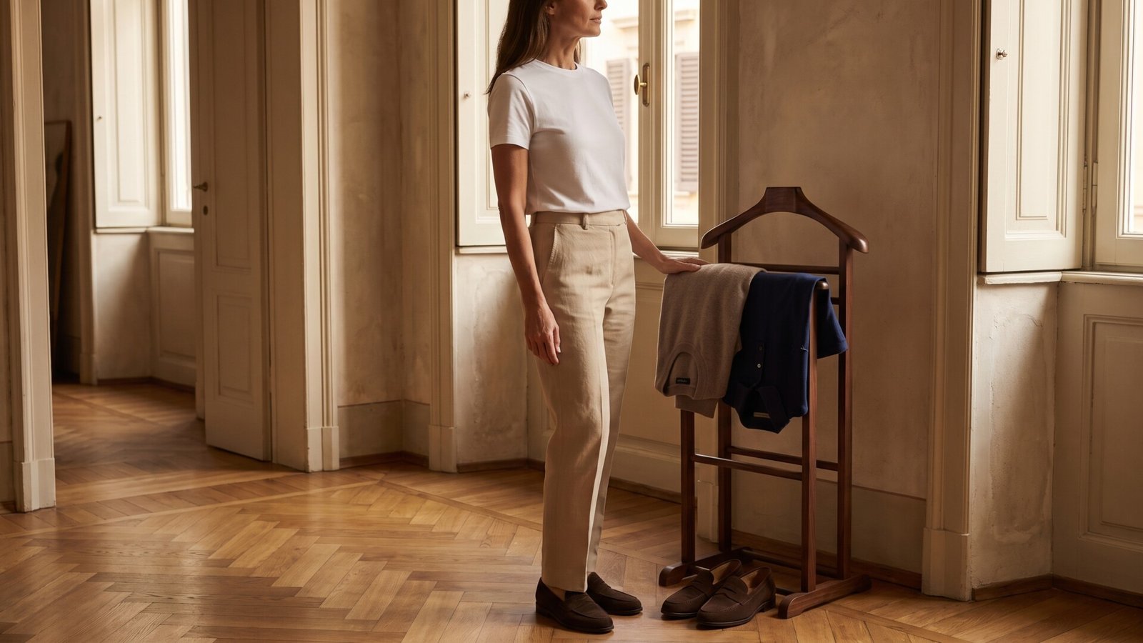 Woman in a white cotton t-shirt and tailored beige trousers standing beside a valet stand with knitwear