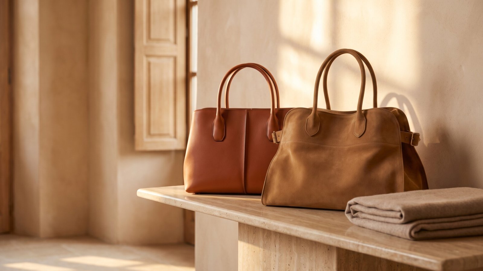 Tod's Di Bag in smooth leather beside a suede The Row Margaux tote on a sunlit console table
