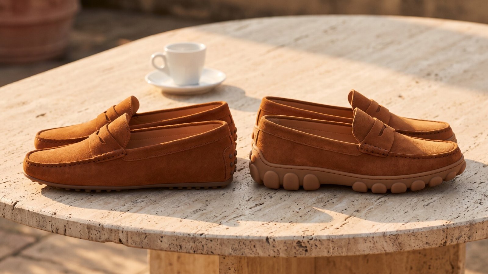 Comparison of classic Tod's Gommino loafers next to modern bubble sole loafers on an outdoor stone table