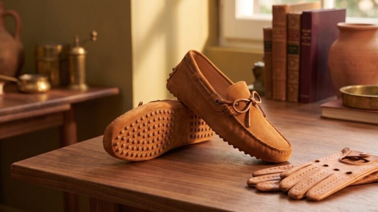 Brown suede Tod's Gommino driving shoes on a wooden desk showing the iconic pebbled rubber sole next to driving gloves