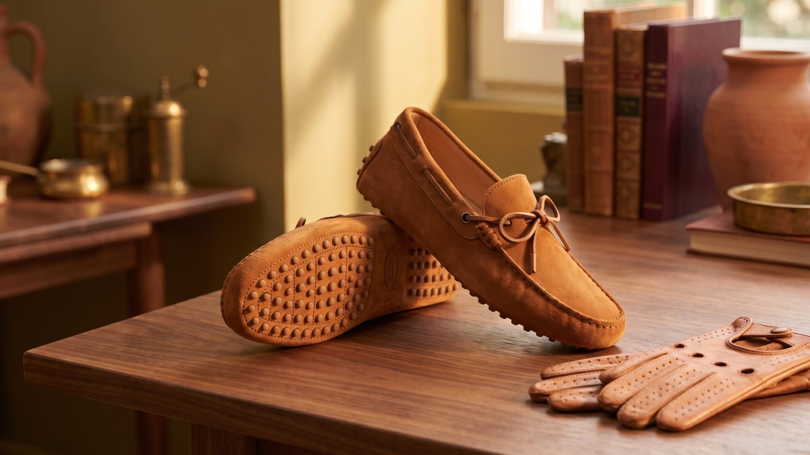 Brown suede Tod's Gommino driving shoes on a wooden desk showing the iconic pebbled rubber sole next to driving gloves