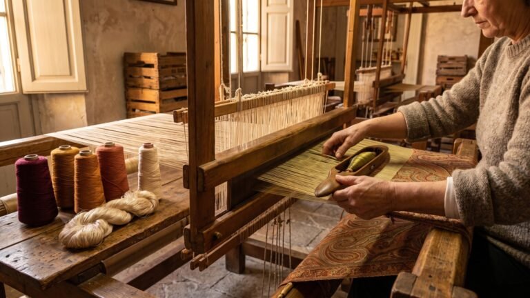 Artisan using a wooden shuttle to weave patterned silk fabric on a traditional handloom