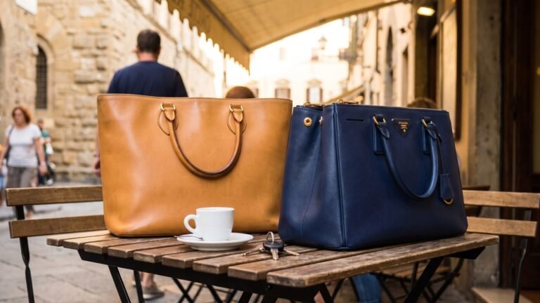 Tan smooth Vachetta tote and navy textured Saffiano leather handbag resting on a wooden outdoor cafe table