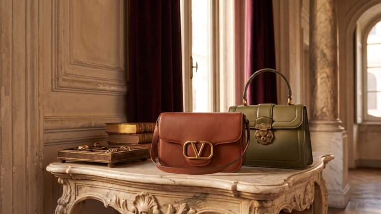 Valentino leather shoulder bag and olive top-handle handbag displayed on an ornate marble table