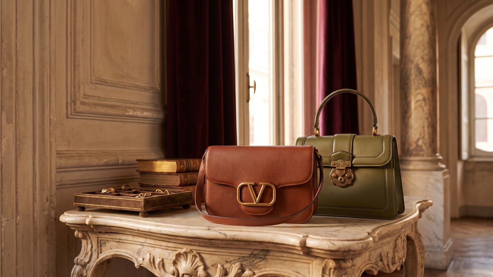 Valentino leather shoulder bag and olive top-handle handbag displayed on an ornate marble table
