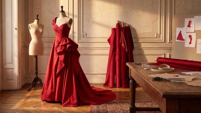 Crimson red haute couture evening gown displayed on a mannequin in a classic sunlit atelier