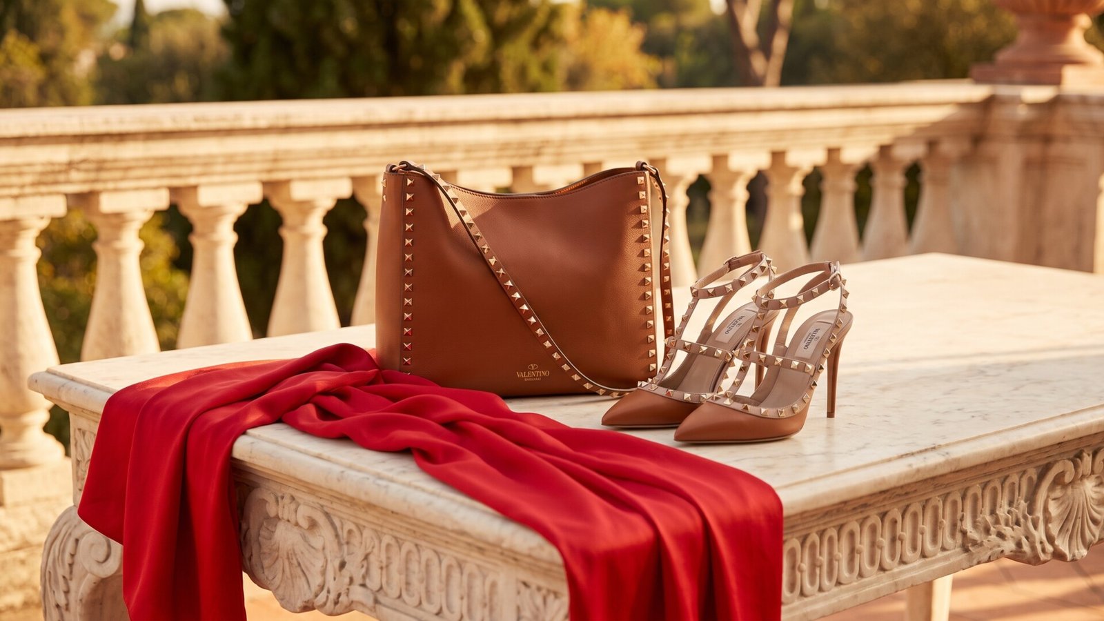 Valentino Rockstud shoulder bag and caged stiletto pumps on a marble terrace table beside draped red fabric