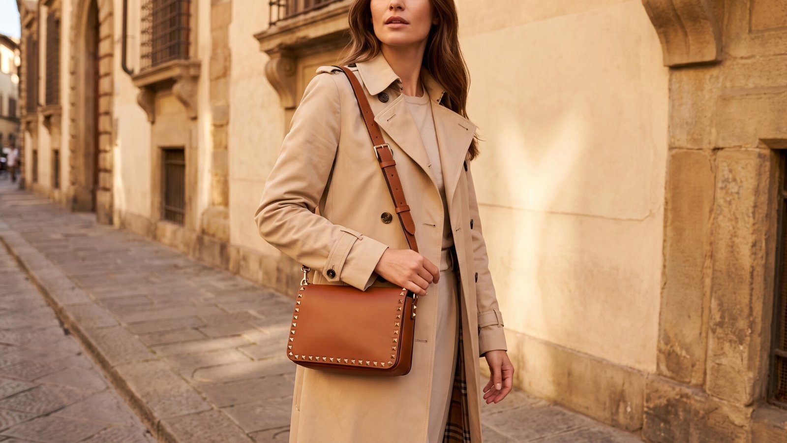 Woman wearing a beige trench coat carrying a brown leather Valentino Rockstud crossbody bag on a sunny street