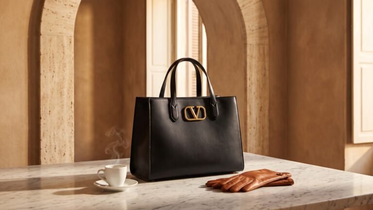 Black leather Valentino V-Logo tote bag on a marble table with an espresso and leather gloves in warm lighting
