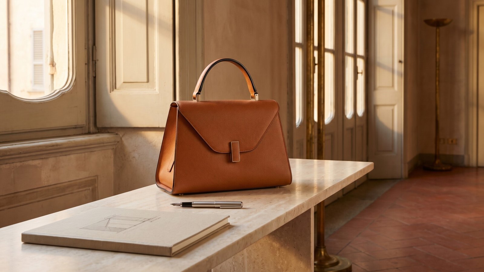 Brown leather Valextra Iside handbag displayed on a marble console in a sunlit Milanese interior