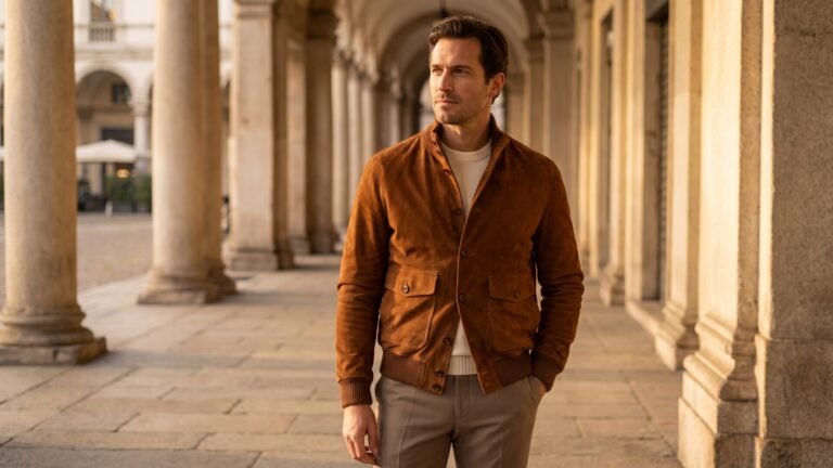 Man wearing a brown suede Valstarino jacket beneath an Italian colonnade in Milan