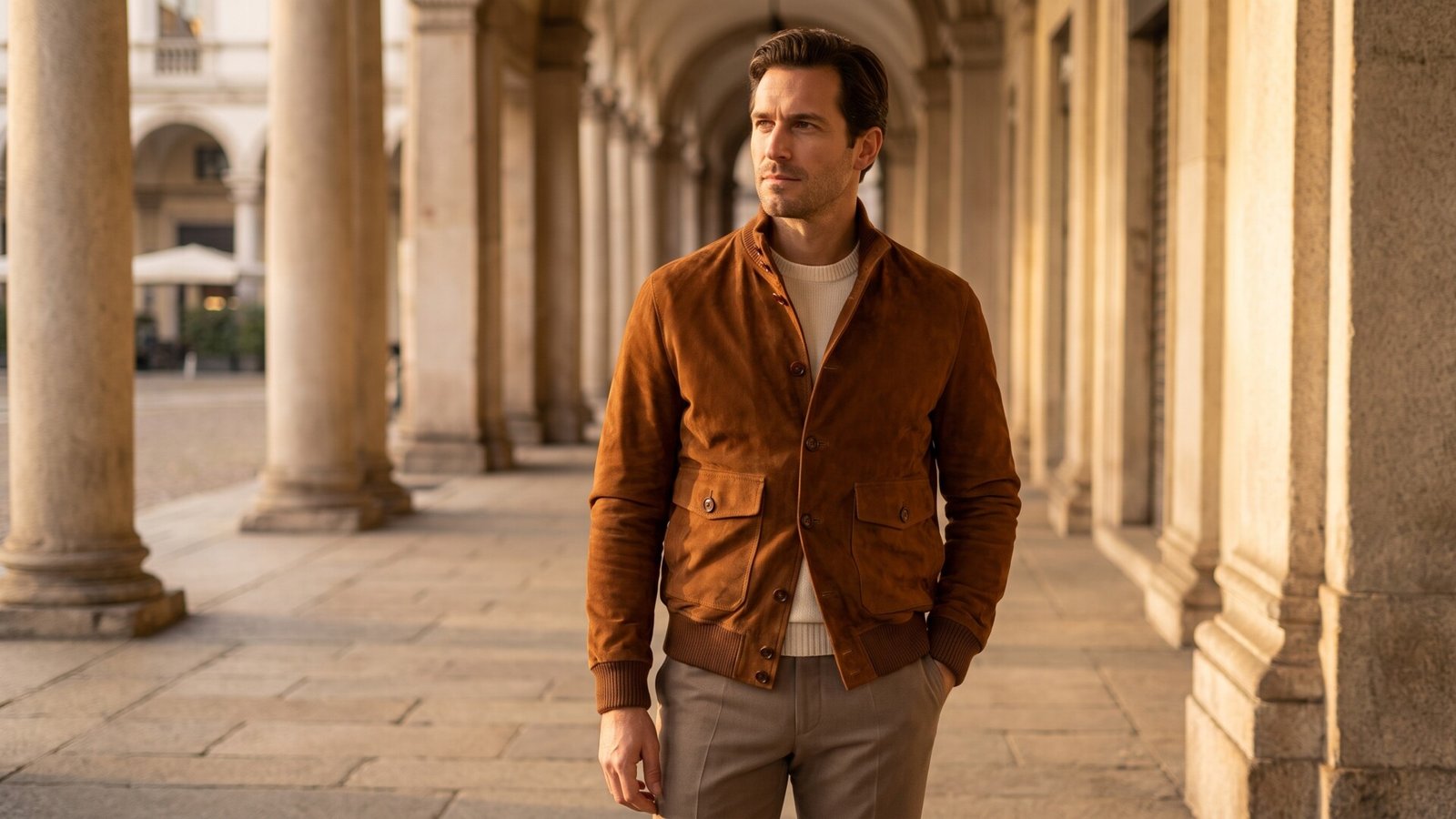 Man wearing a brown suede Valstarino jacket beneath an Italian colonnade in Milan