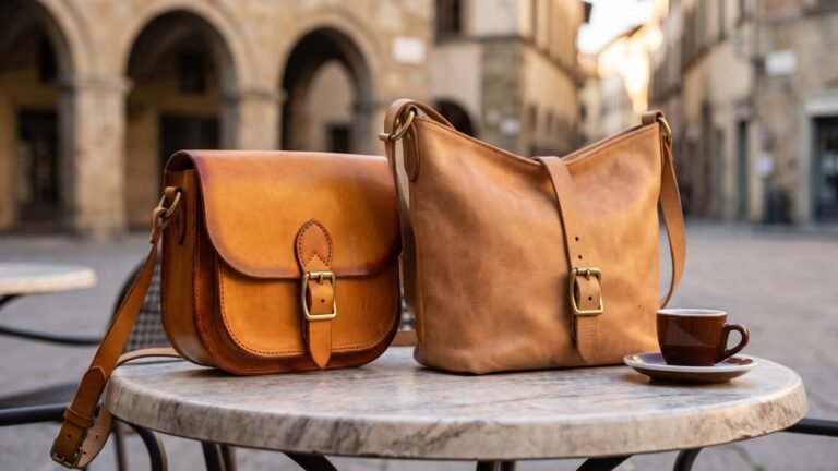 Two tan vegetable-tanned leather purses and an espresso cup resting on a marble cafe table outdoors