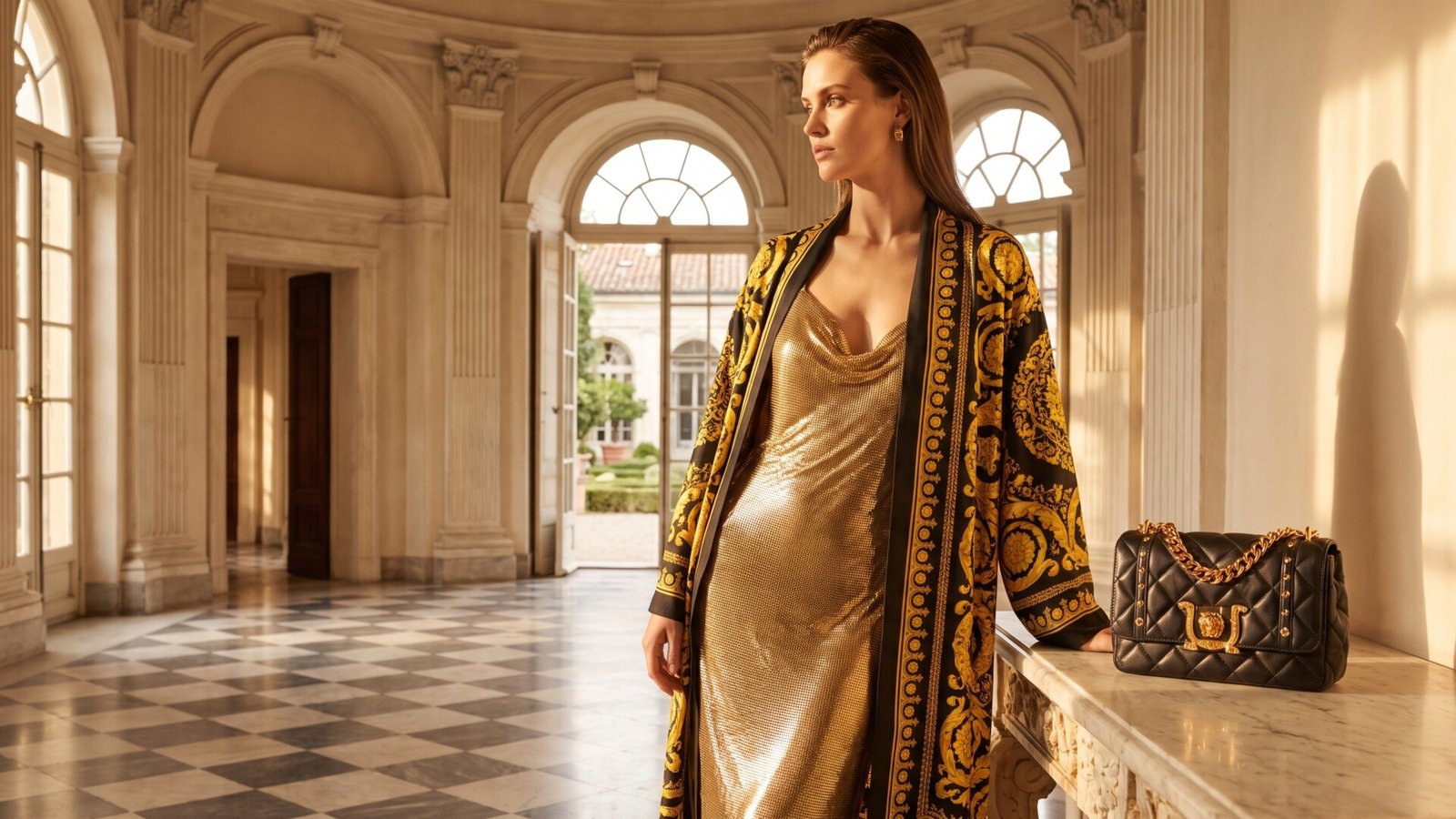 Model wearing a gold chainmail dress and baroque silk robe inside a sunlit Italian palazzo