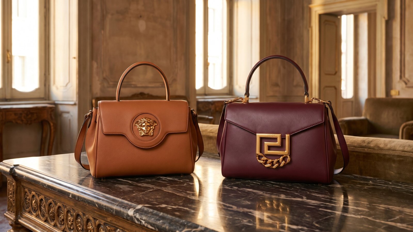 Versace La Medusa and Greca Goddess leather handbags displayed side by side on a marble table