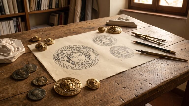 Hand-drawn Versace Medusa logo sketches on a wooden desk with gold Medusa hardware and drafting tools