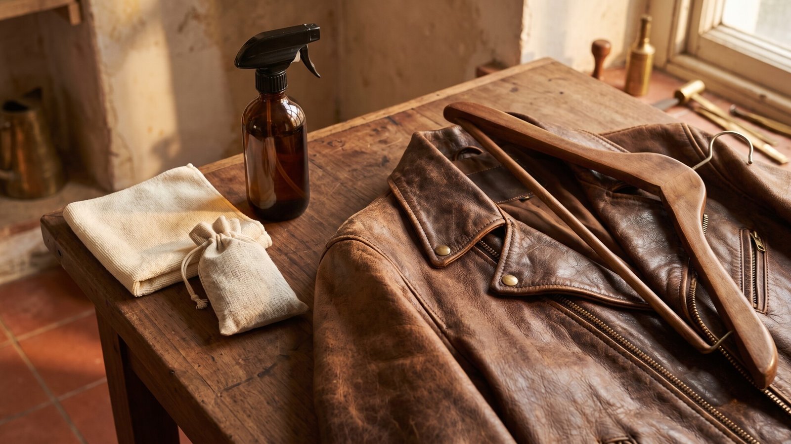 Vintage brown leather jacket on a wooden table with an amber spray bottle, cleaning cloth, and sachet