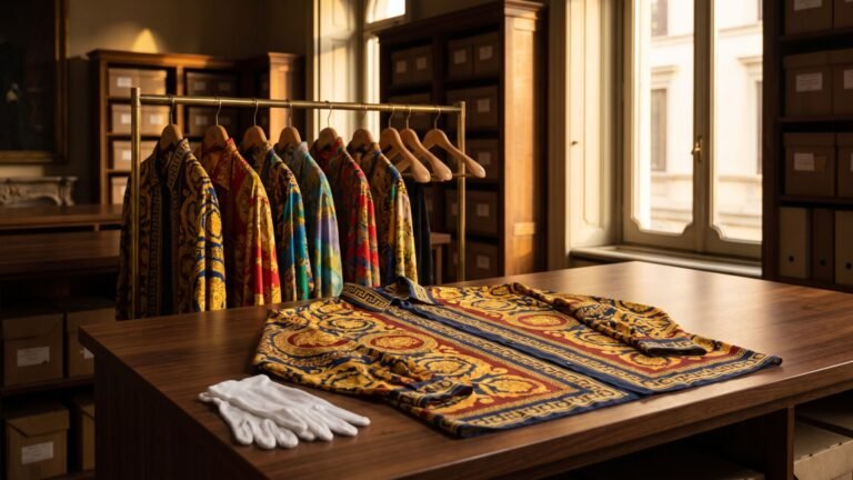 Vintage Versace silk shirt with baroque print laid out on an archival examination table beside handling gloves