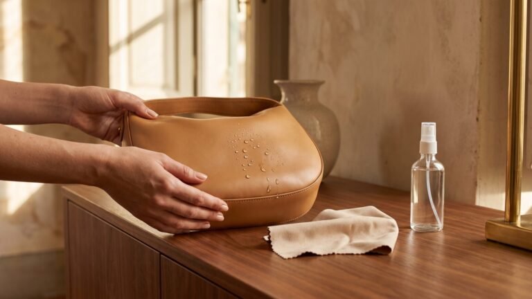 Water droplets beading on a tan Nappa leather handbag beside a spray bottle and cloth