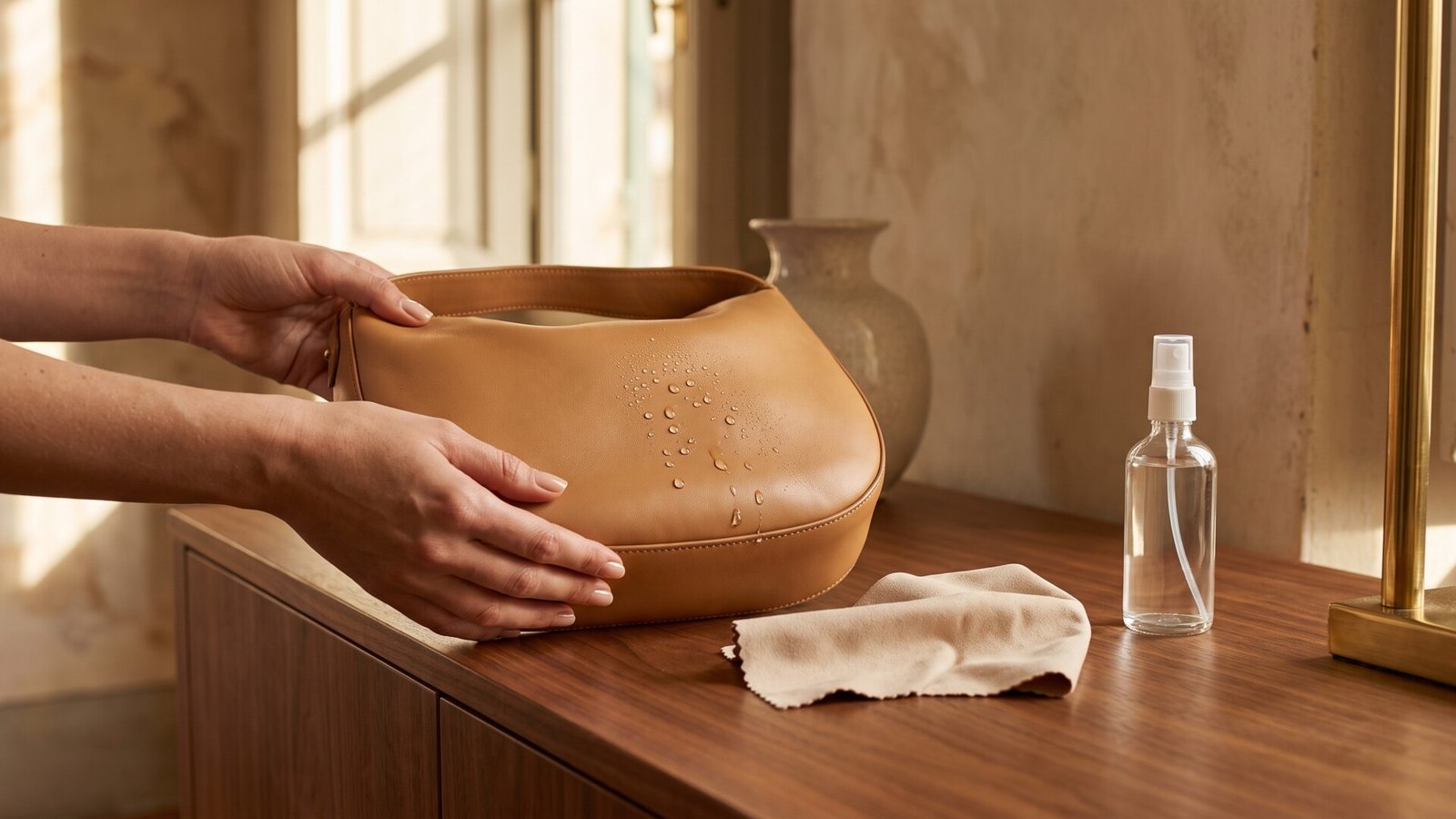 Water droplets beading on a tan Nappa leather handbag beside a spray bottle and cloth