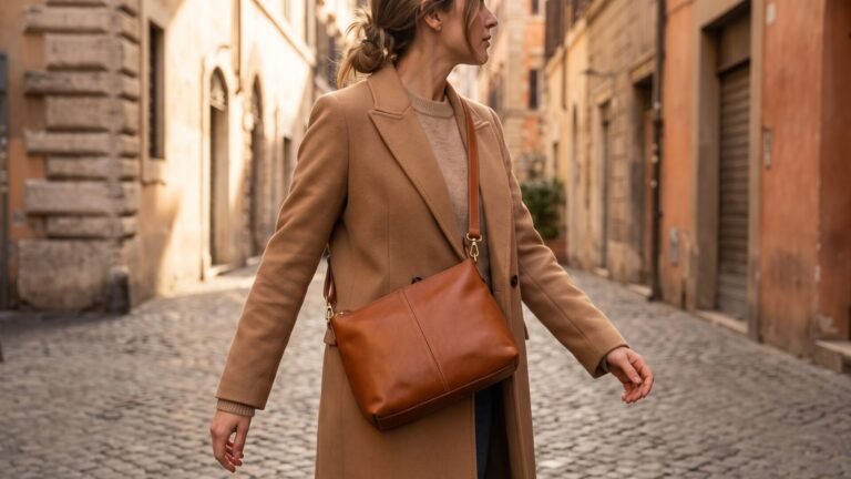 Woman wearing a brown leather crossbody bag and camel coat along a cobblestone street
