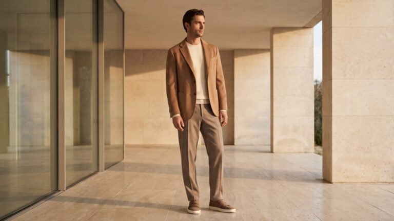 Man wearing a camel soft blazer, knit crewneck, tailored trousers, and slip-on sneakers in a stone architectural pavilion