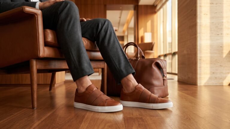 Man wearing brown leather Zegna Triple Stitch sneakers with tailored trousers seated in an executive lounge